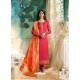 Red Satin Georgette Jacquard Worked Straight Suit