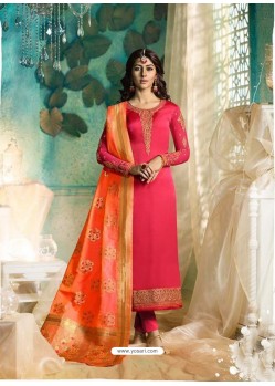 Red Satin Georgette Jacquard Worked Straight Suit