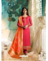 Red Satin Georgette Jacquard Worked Straight Suit