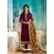 Deep Wine Satin Georgette Jacquard Worked Straight Suit