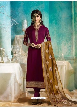 Deep Wine Satin Georgette Jacquard Worked Straight Suit