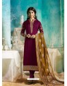 Deep Wine Satin Georgette Jacquard Worked Straight Suit