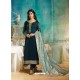 Teal Blue Satin Georgette Jacquard Worked Straight Suit