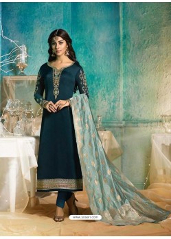 Teal Blue Satin Georgette Jacquard Worked Straight Suit