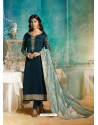 Teal Blue Satin Georgette Jacquard Worked Straight Suit