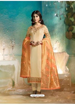 Cream Satin Georgette Jacquard Worked Straight Suit