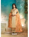 Cream Satin Georgette Jacquard Worked Straight Suit