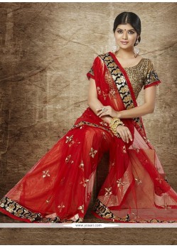 Charming Red Net Sequins Wedding Saree