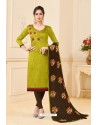 Parrot Green And Brown Banglori Slub Designer Straight Suit