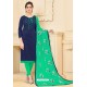 Navy And Jade Green Banglori Slub Designer Straight Suit