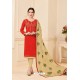 Red And Beige Banglori Slub Designer Straight Suit