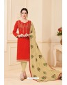 Red And Beige Banglori Slub Designer Straight Suit