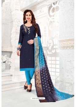 Navy Blue Cotton South Slub Embroidered Straight Suit
