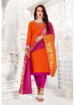 Orange And Rani Cotton South Slub Embroidered Straight Suit