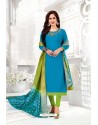 Blue And Green Cotton South Slub Embroidered Straight Suit