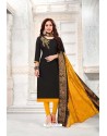 Black And Yellow Cotton South Slub Embroidered Straight Suit
