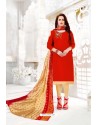 Red And Cream Cotton South Slub Embroidered Straight Suit