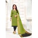 Green And Black Cotton South Slub Embroidered Straight Suit