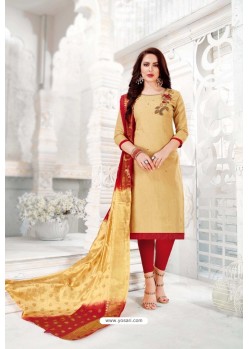 Beige And Red Cotton South Slub Embroidered Straight Suit