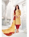 Beige And Red Cotton South Slub Embroidered Straight Suit