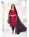 Rose Red And Navy Cotton South Slub Embroidered Straight Suit