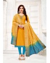 Yellow and Sky Blue Cotton South Slub Embroidered Straight Suit