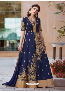 Navy Blue Heavy Tafeta Silk Party Wear Floor Length Suit