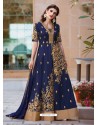 Navy Blue Heavy Tafeta Silk Party Wear Floor Length Suit