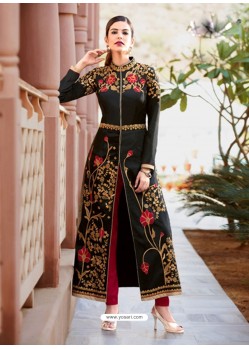 Latest Black Heavy Tafeta Silk Party Wear Floor Length Suit