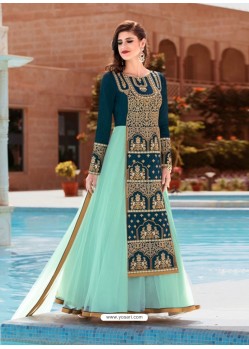 Sky Blue And Teal Banglori Silk Party Wear Floor Length Suit