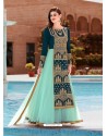 Sky Blue And Teal Banglori Silk Party Wear Floor Length Suit