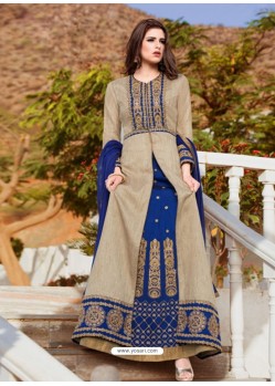 Taupe And Navy Filament Silk Party Wear Floor Length Suit