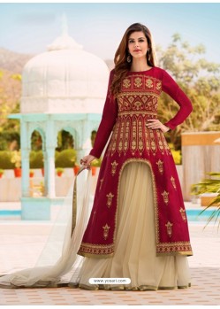 Maroon And Cream Satin Banglori Silk Party Wear Floor Length Suit