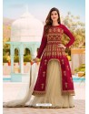 Maroon And Cream Satin Banglori Silk Party Wear Floor Length Suit