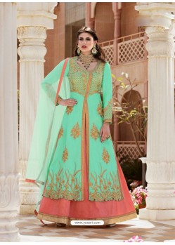 Jade Green And Peach Banglori Silk Party Wear Floor Length Suit