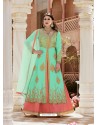 Jade Green And Peach Banglori Silk Party Wear Floor Length Suit