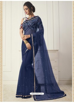 Navy Blue Mono Net Plain Saree