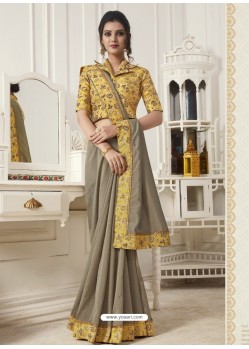 Taupe Catonic Vichitra Plain Saree