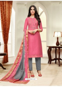 Hot Pink Maslin Silk Embroidered Straight Suit