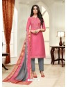 Hot Pink Maslin Silk Embroidered Straight Suit