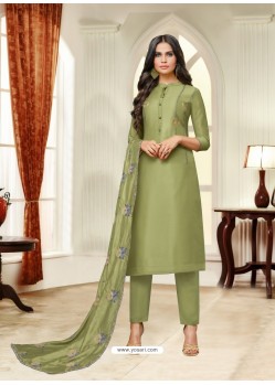 Green Maslin Silk Embroidered Straight Suit