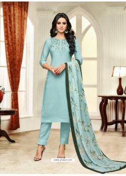 Sky Blue Maslin Silk Embroidered Straight Suit