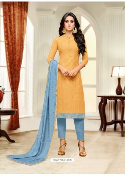 Mustard Maslin Silk Embroidered Straight Suit