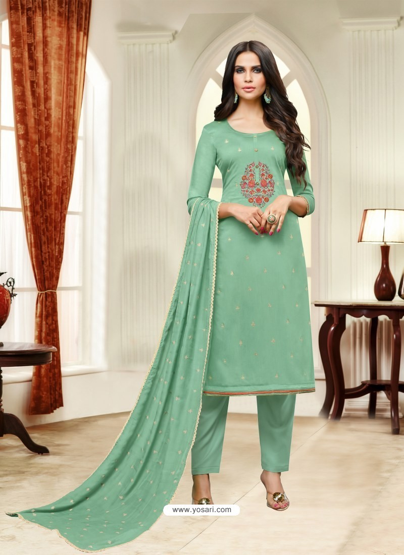 Buy Aqua Mint Maslin Silk Embroidered Straight Suit | Straight Salwar Suits