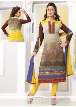 Yellow And Grey Shaded Georgette Churidar Suit