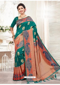 Teal Silk Jacquard Work Designer Saree