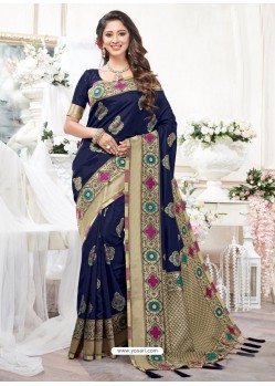 Navy Blue Silk Jacquard Work Designer Saree