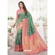 Dark Green And Peach Silk Jacquard Work Designer Saree