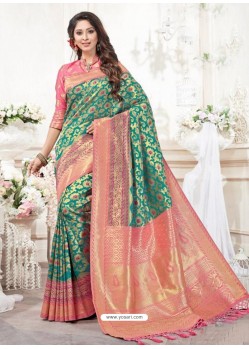 Dark Green And Peach Silk Jacquard Work Designer Saree