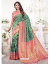 Dark Green And Peach Silk Jacquard Work Designer Saree